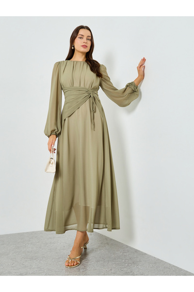 Take Two By Styli Khaki Balloon Sleeve Ruched Waist A-Line Maxi Dress