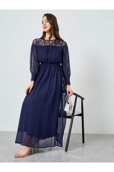 Styli Women Navy Blue Lace Insert A-Line Maxi Dress