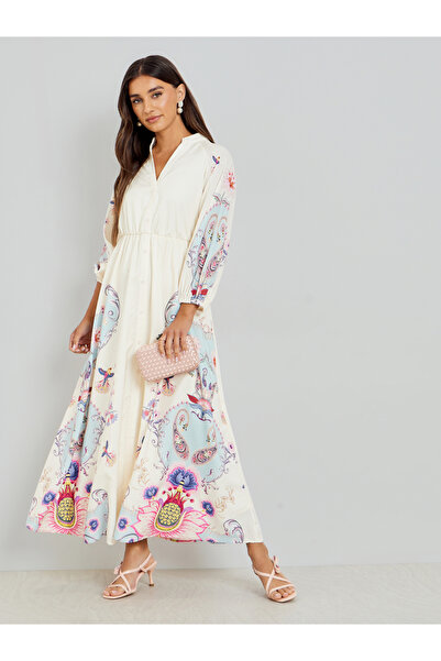 Styli White Floral Print Shirt Maxi Dress