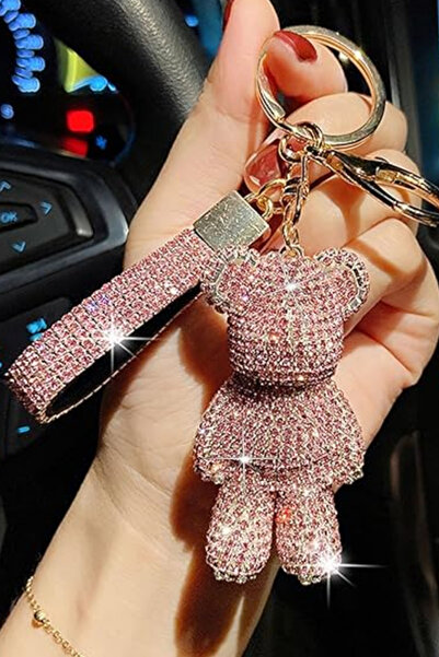 Baghes Taşlı Ayıcık Figürlü Anahtarlık Araba ve Çanta Aksesuarı Pembe