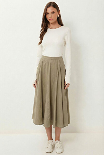 Lovelyİstanbul Yazlık Kloş Midi Dokuma Etek LCR0110 ZEYTİN YEŞİLİ