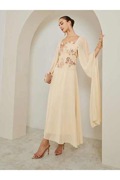 Styli Beige Embellished Cape Sleeve A-Line Maxi Dress
