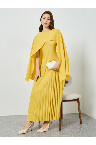 Styli Yellow Pleated Maxi Dress with Cape Sleeve