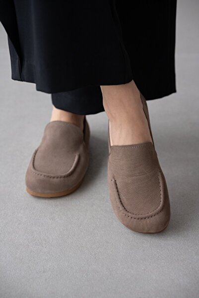selin shoes Elvain Hakiki Deri Küt Burun Kadın Ayakkabı- VİZON SÜET