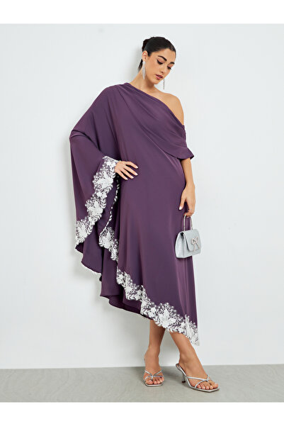 Styli Purple Lace Insert One-Shoulder Midi Dress