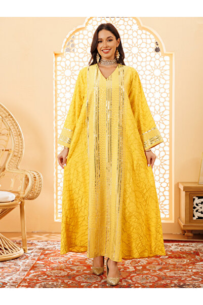 Take Two By Styli Women Yellow Sequined Embellished Jalabiya