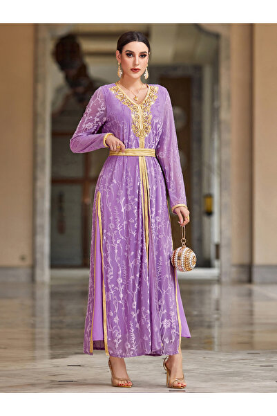 Take Two By Styli Women Lilac Flower and Golden Patch Detail Jalabiya