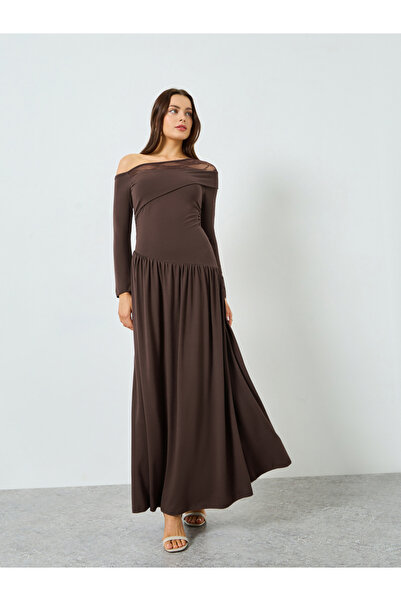 Take Two By Styli Brown One Shoulder Gathered Detail Maxi Dress