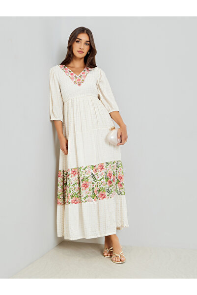 Styli Women Cream Floral Embroidered A-Line Maxi Dress