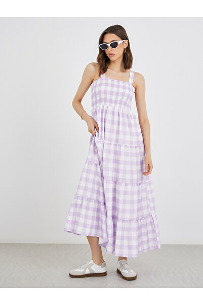 YouYan By Styli Checked Print Square Neck Strappy Tiered Midi Dress