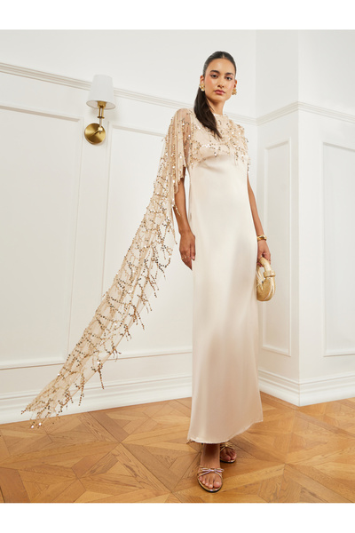 Styli Gold Embellished Cape Maxi Dress