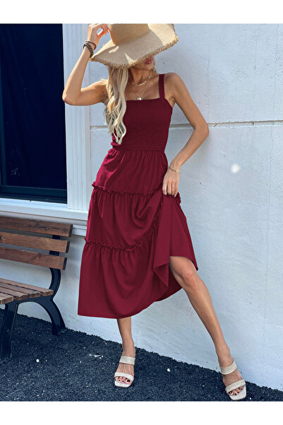 Take Two By Styli Women Burgundy Smocked Strappy Tiered Midi Dress