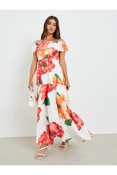 Styli White Floral Off Shoulder Maxi Dress