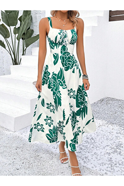 Take Two By Styli Women Green Printed Strappy A-Line Maxi Dress
