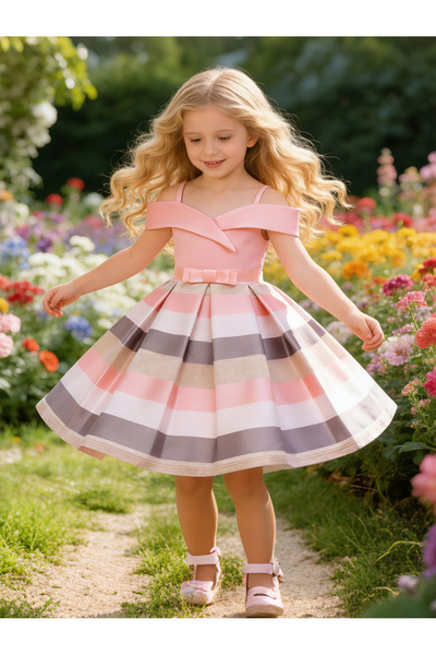 Take Two By Styli Girls Striped Cold-Shoulder Dress with Bow Detail