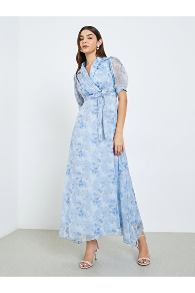 Styli Women Blue Floral Printed Puff Sleeve Maxi Dress