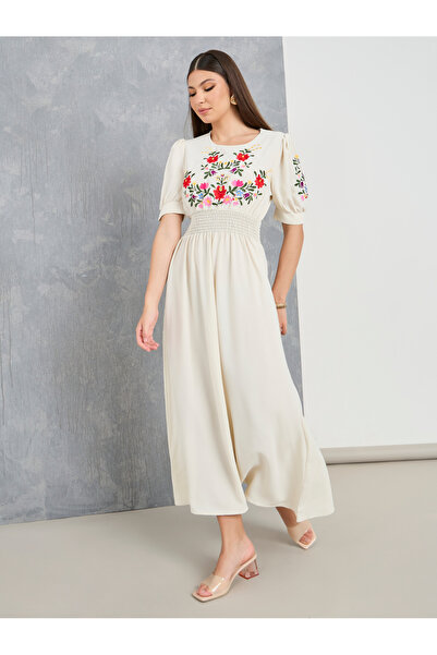 Take Two By Styli Embroidered Panel Gathered Waist Maxi Dress