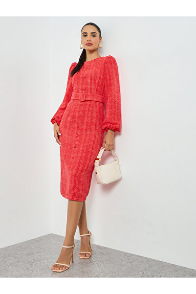 Styli Red Tweed Balloon Sleeve Sheath Midi Dress