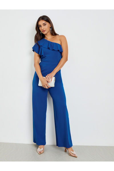 Styli Blue One Shoulder Ruffled Wide Leg Jumpsuit