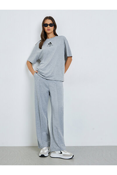 Styli Grey Wide Leg Joggers with Pintuck Detail
