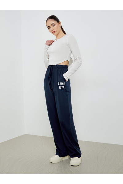 Styli Dark Blue Wide Leg Joggers with Print Detail