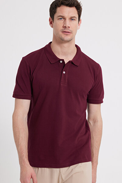 Tudors Erkek Slim Fit Dar Kesim %100 Pamuk Bordo Polo Yaka Tişört