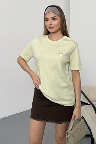 GİYSA Women's Dog Embroidered 100% Cotton T-Shirt Green - 26Y 26730