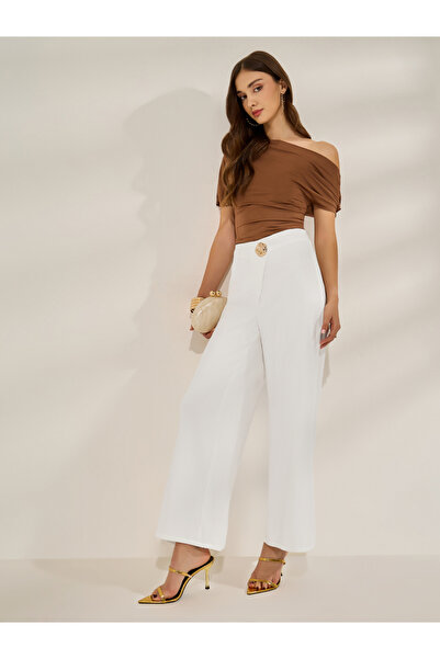 Styli Women White Straight Leg Trousers with Textured Button