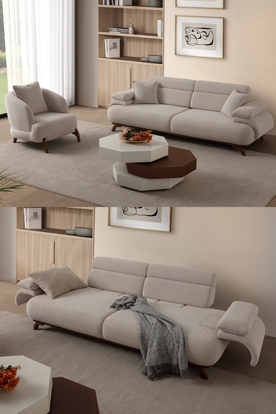 Eymense Bonjo Sırt Mekanizmalı Ceviz Kasalı Koltuk Takımı 3+1 Bej