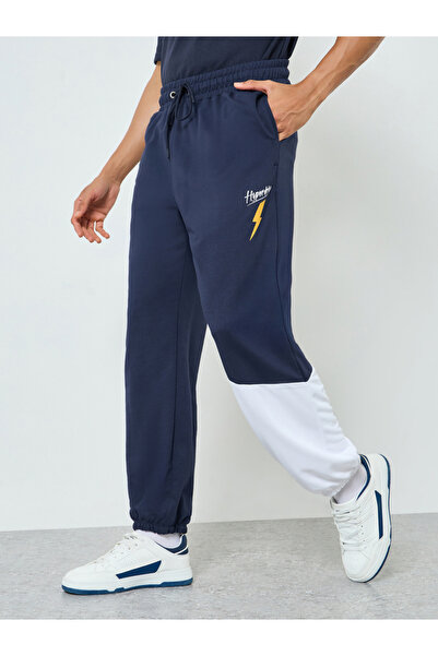 Styli Men Navy Color Block Joggers with Drawstring