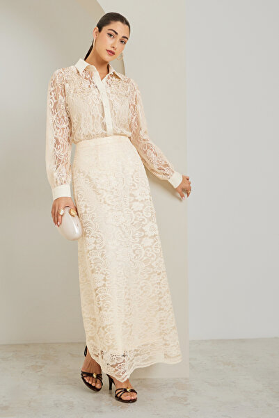 Styli Beige Lace A-Line Maxi Skirt