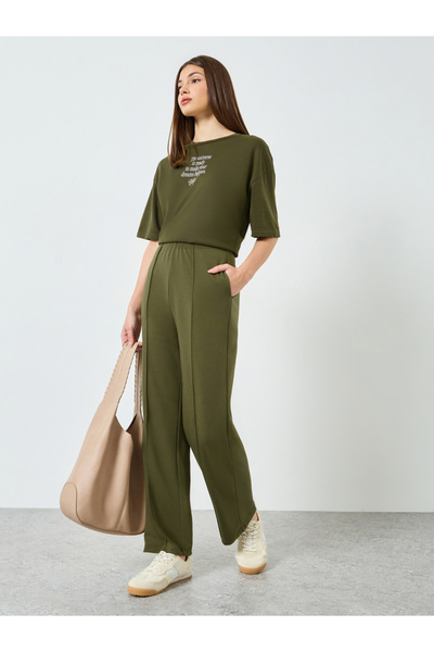 Styli Olive Wide Leg Joggers with Pintuck Detail