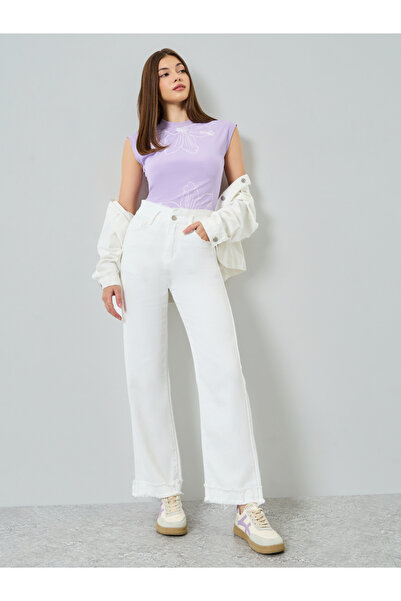 Styli Women Fringed-Trim Wide-Leg Jeans