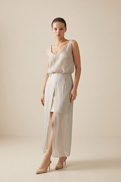 Setre Beige Skirt with Waist Tie and Tulle Detail