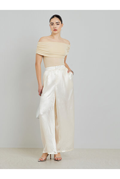 Styli Cream Shiny Wide Leg Trousers