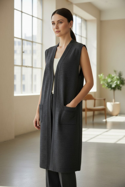 ENDAMIM Plus Size Boat Neck Sleeveless Pocketed Long Acrylic Steel Knit Knitw...