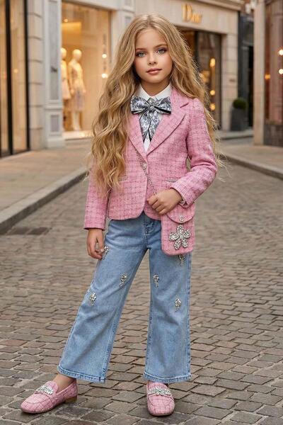 Riccotarz Girl's Chiffon Shirt with Scarf, Chanel Pink Jacket and Stone Detai...