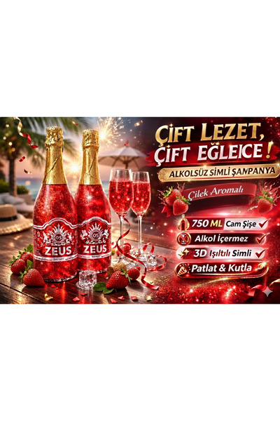 OS ZEUS Simli Alkolsüz Şampanya 2'li Çilek & Çilek Aromalı Gazlı Patlatılabil...