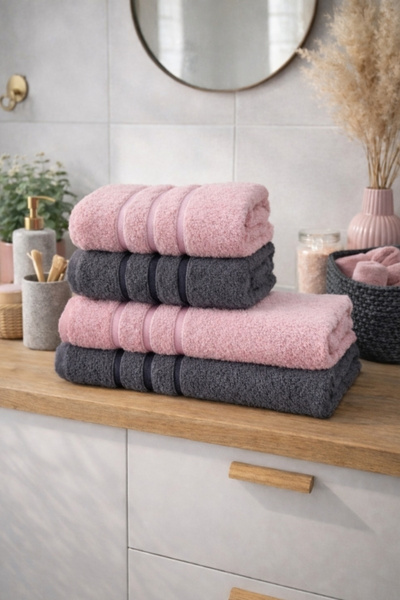 POMY 4'LÜ BANYO HAVLU SETİ HAMAM TAKIMI-ANTRASİT/PUDRA