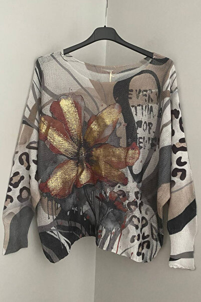 AYASOFYA OTANTIK Women's Italian Beige Foil Patterned Bat Sleeve Mercerized B...