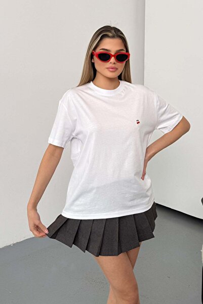 GİYSA Tricou de damă, 100% bumbac, alb, cu accesorii cireșe - 26Y 26513