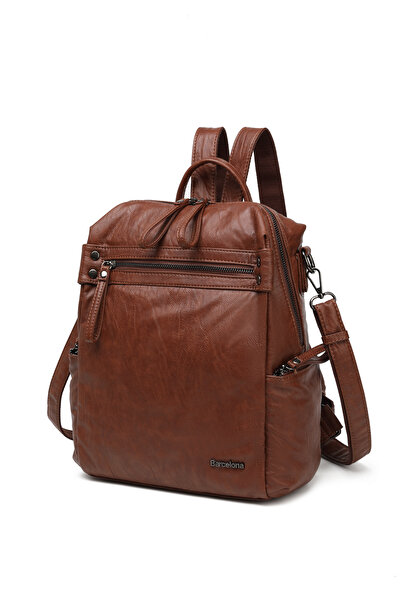 Solo Bag حقيبة كتف أنيقة متعددة الأقسام من الجلد البني مع تفاصيل سحاب أمامي