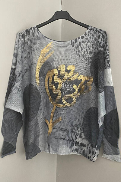 AYASOFYA OTANTIK بلوزة نسائية إيطالية رمادية اللون منقوشة بأكمام خفاشية مرسيريزد