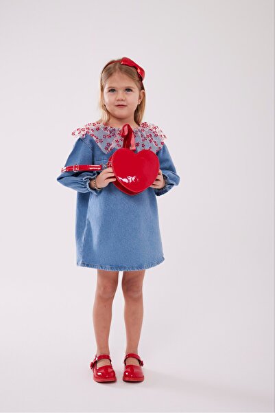 noliva bebek ve çocuk Girl's Denim Dress with Red Collar - Casual & Festive D...