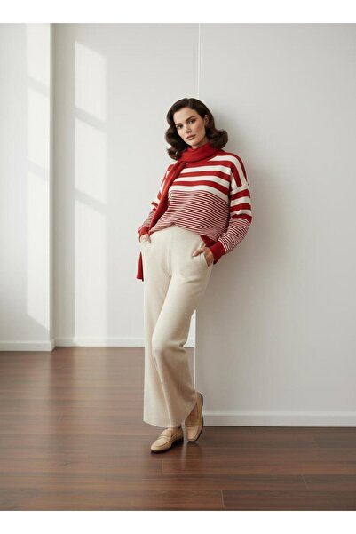 SHERIN Red Beige Striped Basic Sweater