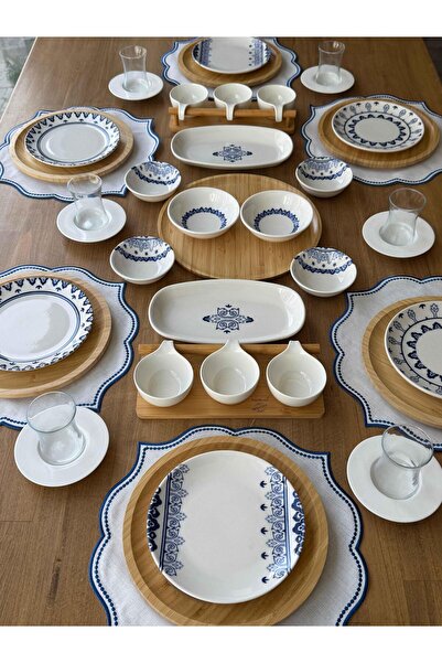 ROSSEV Porselen Kahvaltı Takımı 6 Kişilik 47 Parça Safir Blue