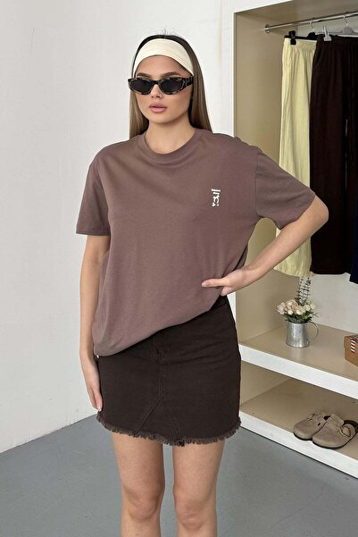 GİYSA Women's 100% Cotton T-Shirt with Bow Accessory Light Brown - 26Y 26511