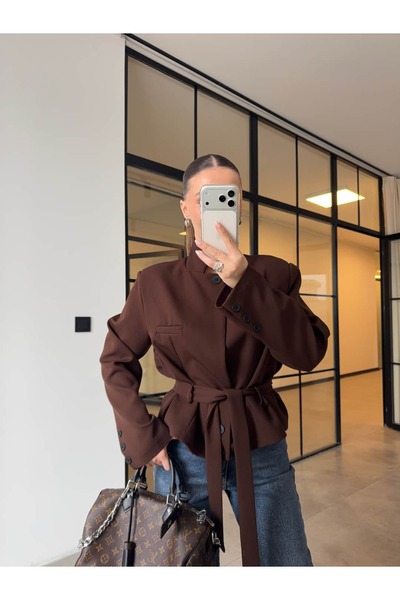 BB Bensu Buyruk Vatkali Standing Collar Tie-Up Jacket Brown