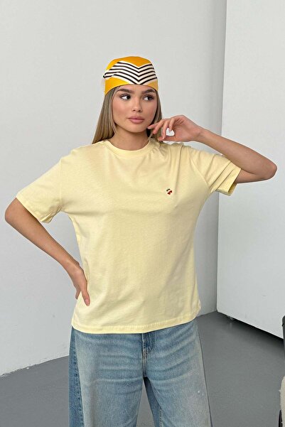 GİYSA Women's 100% Cotton T-Shirt with Cherry Accessories Yellow - 26Y 26513