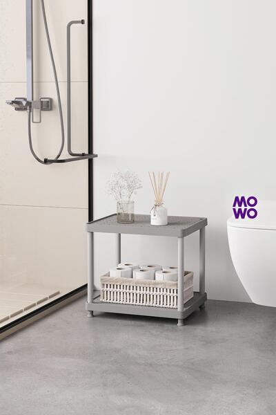 Mowo Home 2 Katlı Gri 40x33 Plastik Banyo Rafı Sehpa, Tezgah Altı Raf, Havuz Bahçe Balkon Masa Sehpa